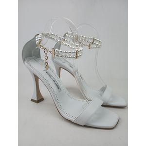 Manolo Blahnik Charona 105 White Faux Pearl Ankle Strap Sandals Size 39